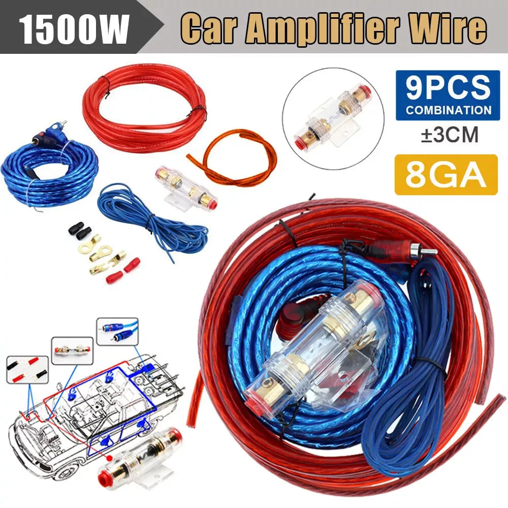 1500W 8AWG Car Audio Amplifier Wiring Kit with RCA Cable Fuse and Subwoofer Wiring