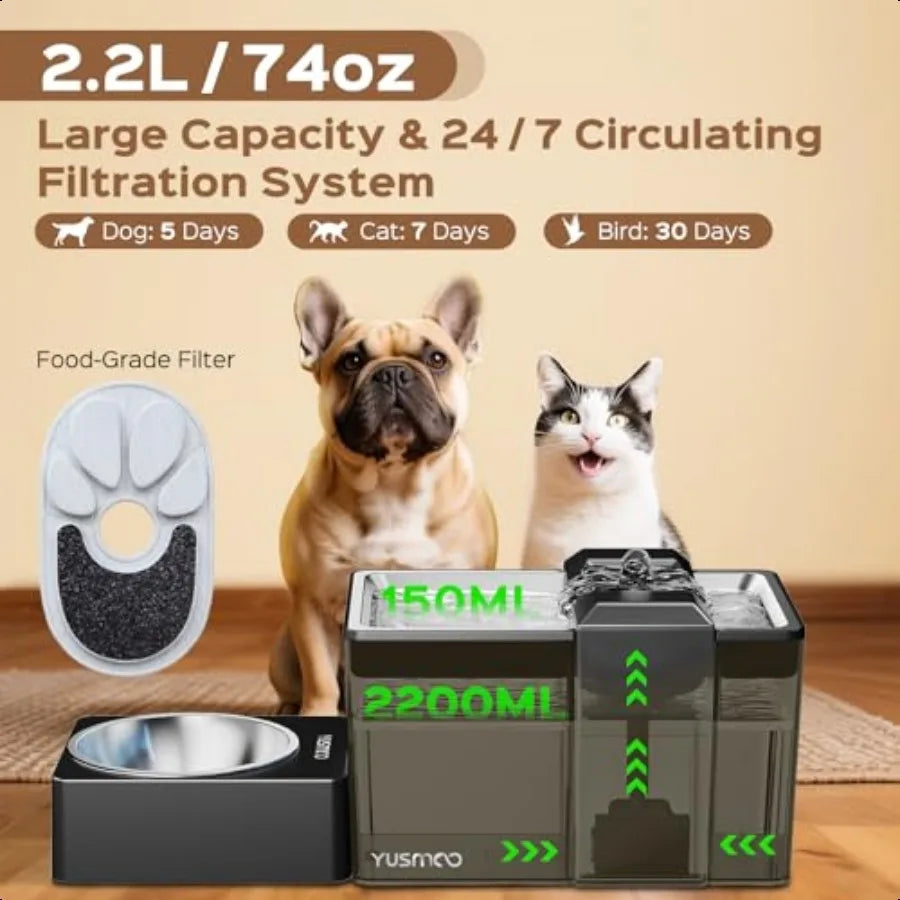 Automatic Cat Water Fountain with Food Bowl 2.2L 74oz 2in1 Pet Fountain 304 Stainl Steel Bowl UltraQuiet LED Indicator BPAFree