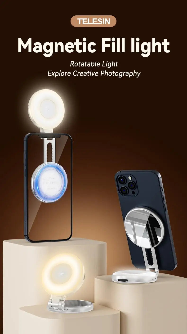 TELESIN 3-in-1 Magnetic Selfie Light with 360° LED Ring MagSafe Mirror and Phone Stand