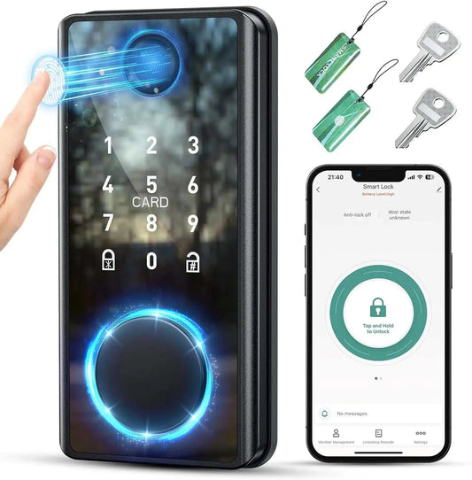 Fingerprint Smart Door Lock with keypad and biometric features, includes keys, fobs, and smartphone app integration.