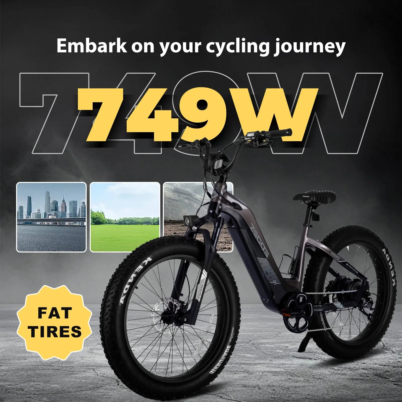 750W off-road electric bike with 52V 17Ah battery, 26-inch fat tires, LCD, and Bluetooth.