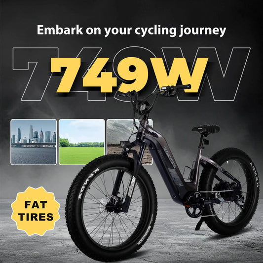 750W off-road electric bike with 52V 17Ah battery, 26-inch fat tires, LCD, and Bluetooth.