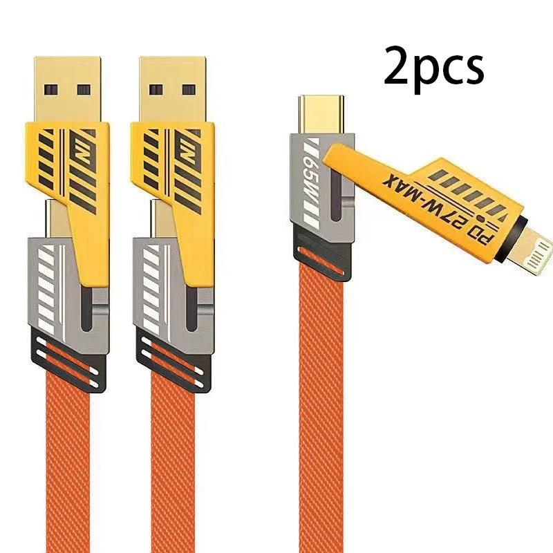 4 in 1 Fast Charging Cable USB A Type C Dual Connector Nylon Braided PD 65W 27W for iPhone/Android/Xiaomi