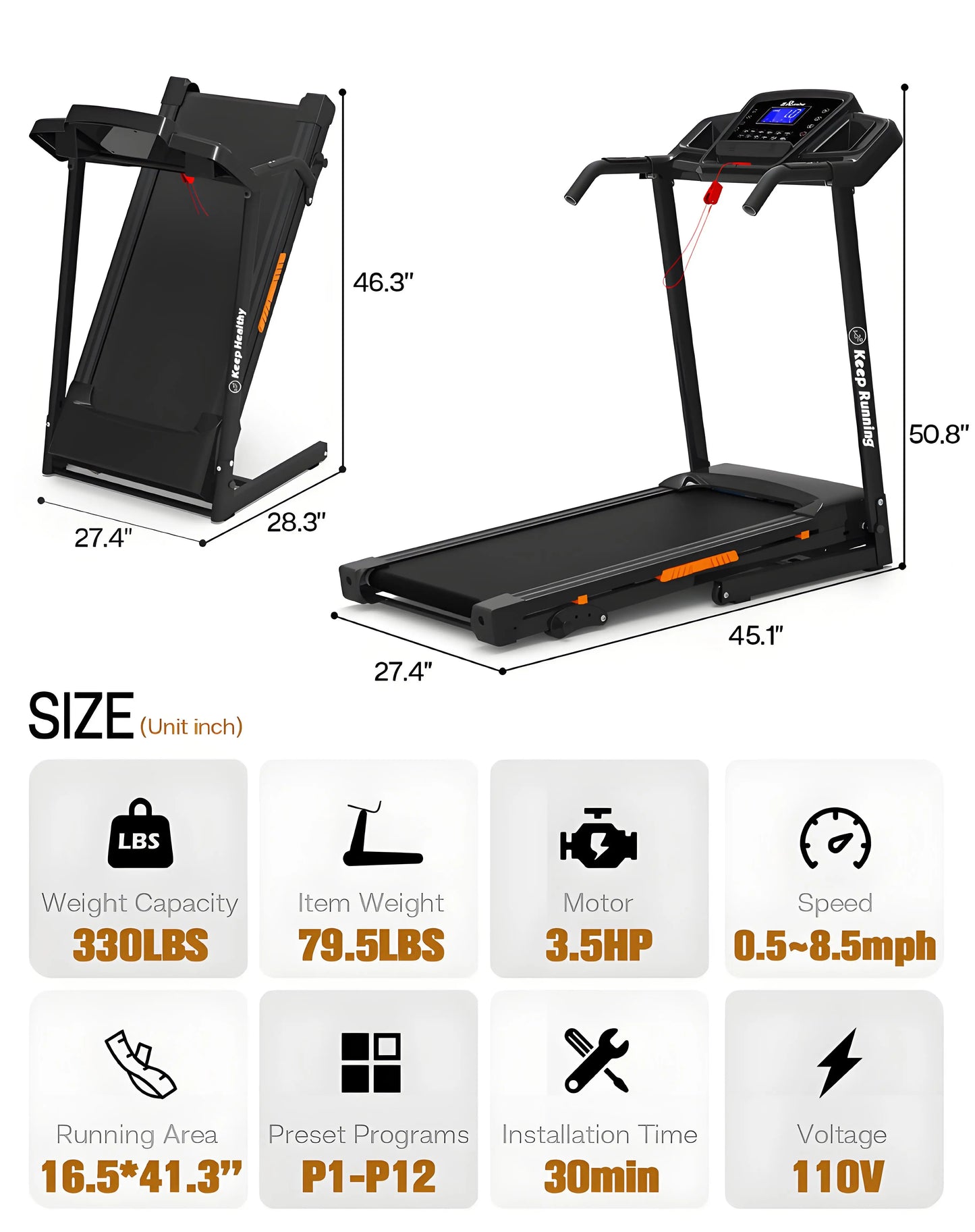 Foldable Electric Treadmill with Incline - 3.5HP Motor, Handrail Speed Control, Pulse Monitor, 12 Training Programs, Max 330lbs