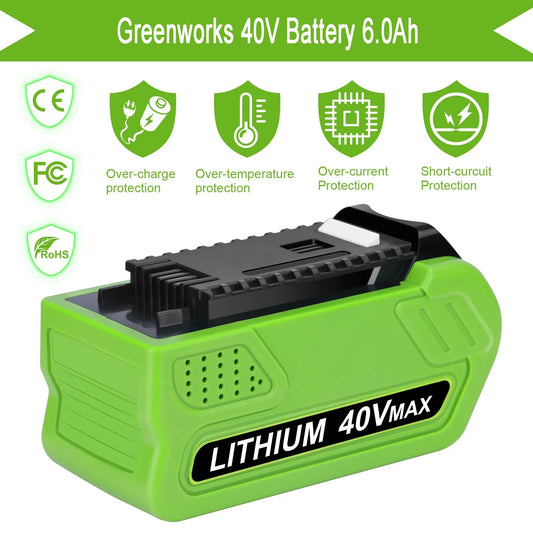 Greenworks 40V G-MAX Battery 6.0Ah for cordless power tools.