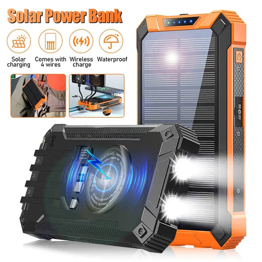 Solar Power Bank 10000mAh Portable Wireless Fast Charging with 4 USB Ports and 2 LED Lights