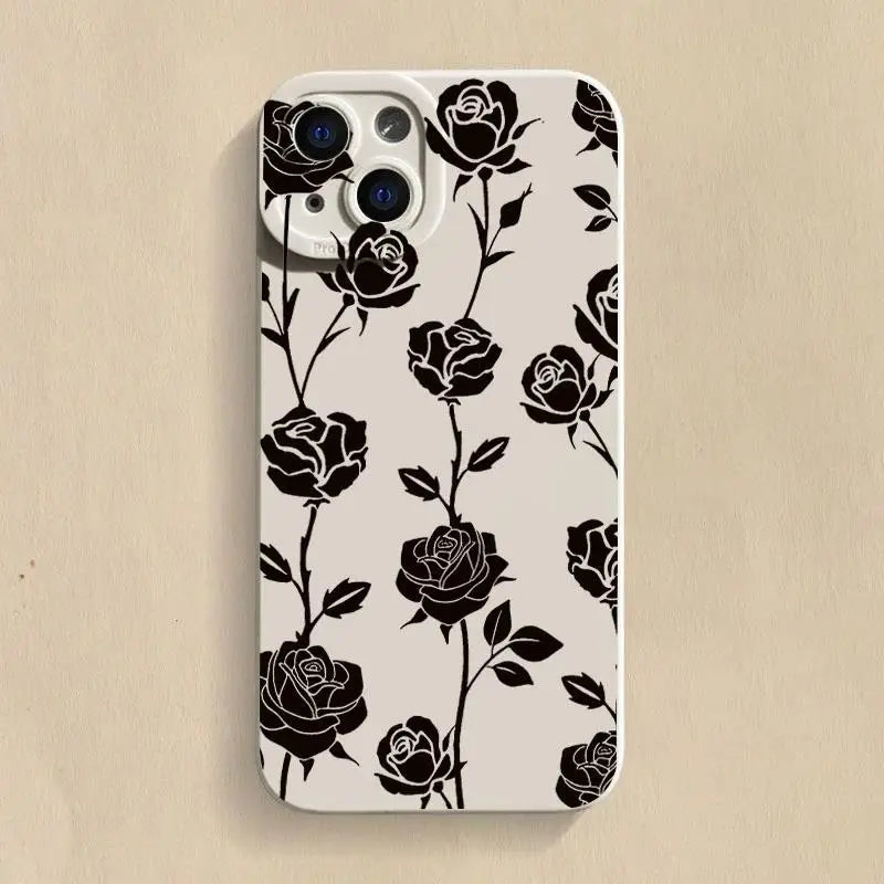 Retro Rose shockproof phone case for iPhone 16 Pro Max to 12 with black rose design.