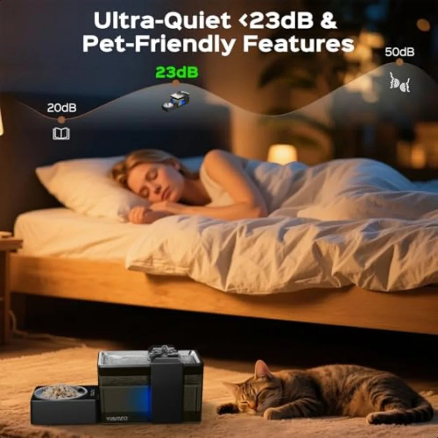 Automatic Cat Water Fountain with Food Bowl 2.2L 74oz 2in1 Pet Fountain 304 Stainl Steel Bowl UltraQuiet LED Indicator BPAFree