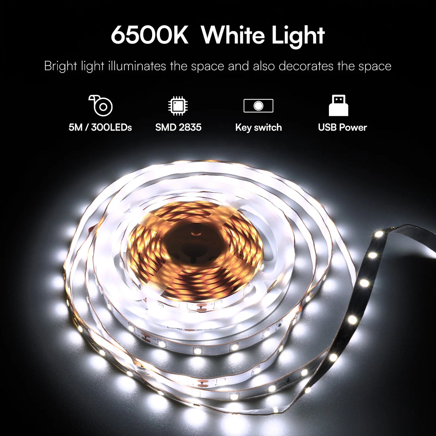 5V White LED Strip Light 6500K with Strong Adhesive