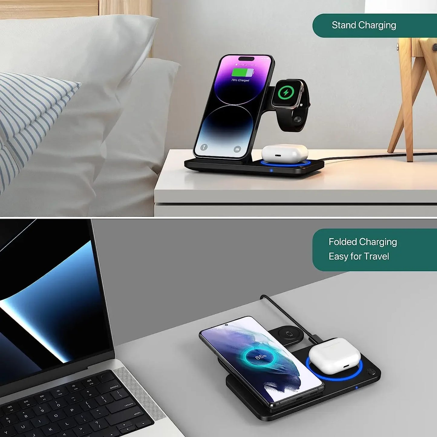 30W LED Fast Wireless Charger 3 in 1 Foldable Stand