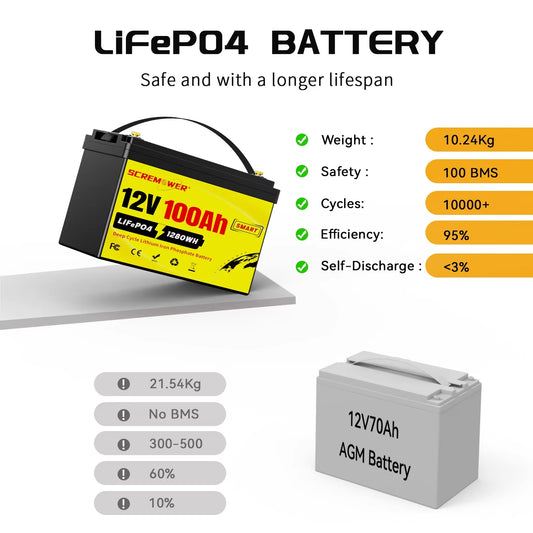 12V 100Ah LiFePO4 Battery Pack with Built-in 100A BMS Rechargeable Lithium Battery for Solar and Boat Use