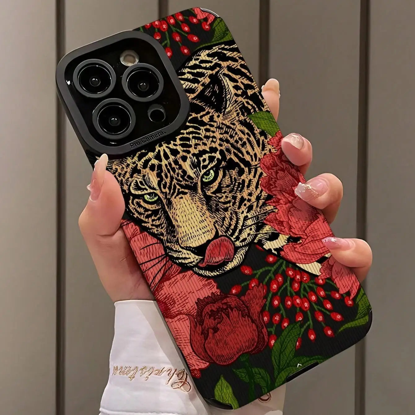 Vintage Rose Anti-Drop Phone Case for iPhone with Floral and Leopard Design