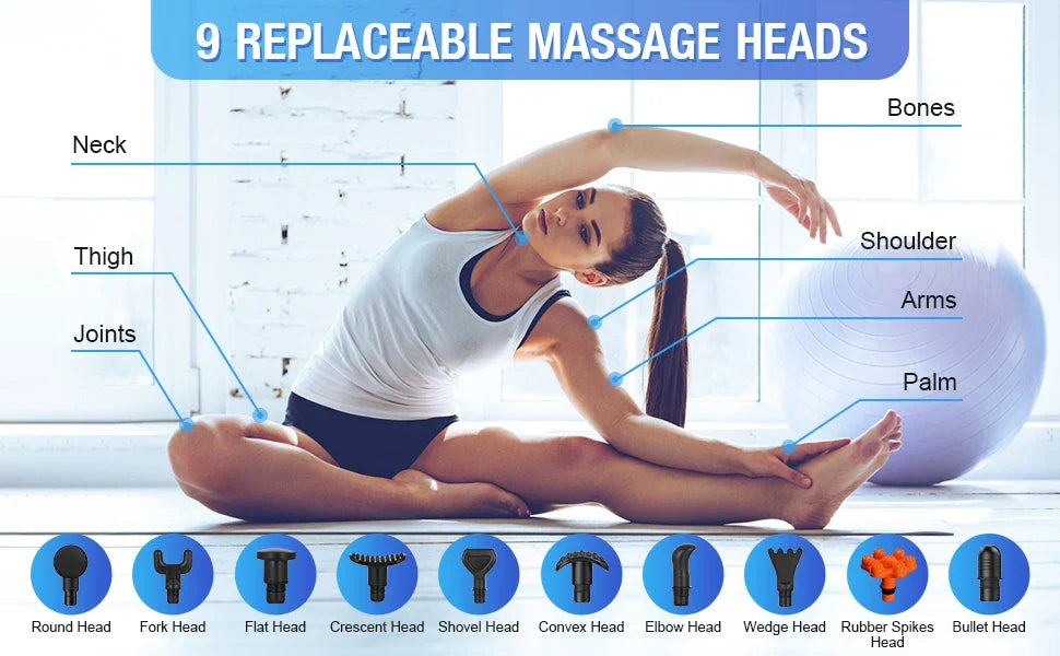 Sejoy Fascia Gun massager with 9 interchangeable heads for targeted relief.