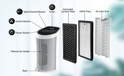 Sejoy HEPA air purifier with ionizer, speed control, and carbon filter components.