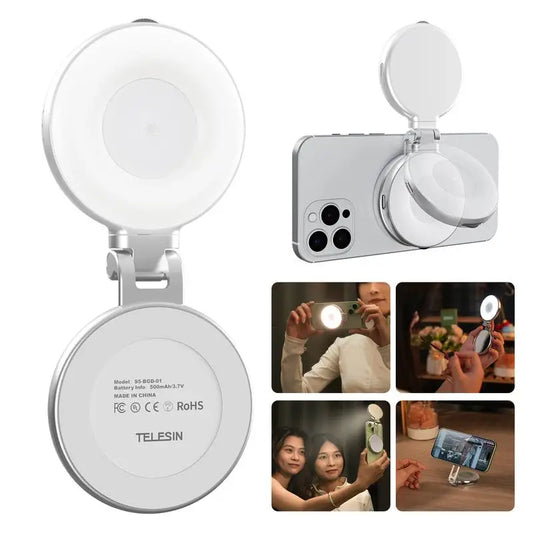 TELESIN 3-in-1 Magnetic Selfie Light with 360° LED Ring MagSafe Mirror and Phone Stand