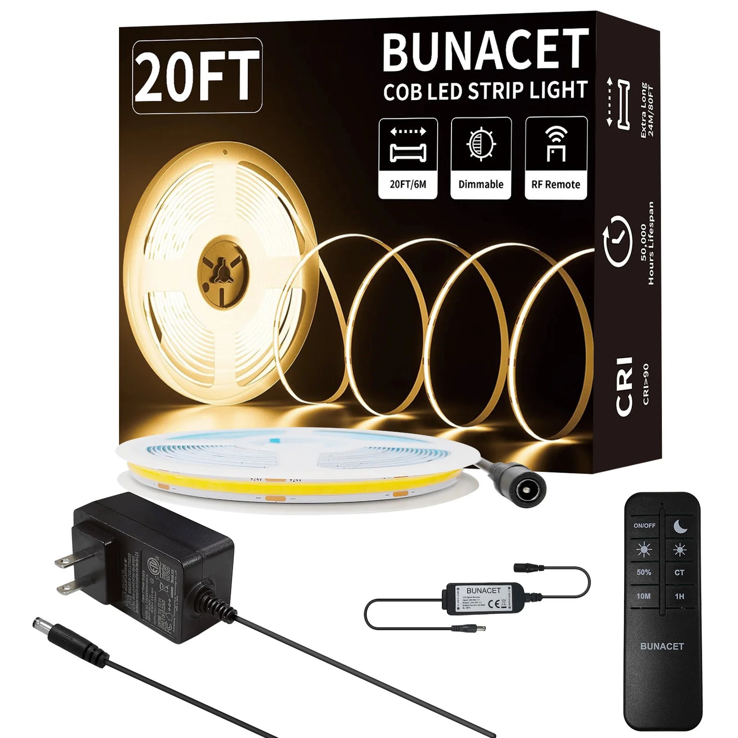40FT COB LED Strip Light Warm White 3000K with RF Remote