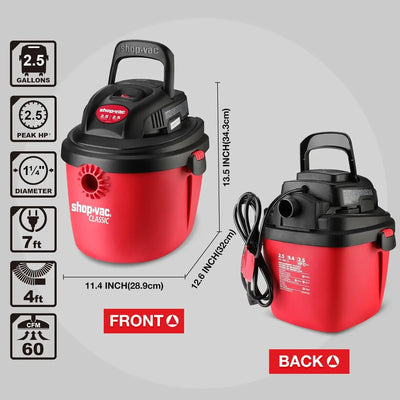 Shop-Vac 2.5 Gallon 2.5 Peak HP Wet/Dry Vacuum, Portable Compact Shop Vacuum with Collapsible Handle Wall Bracket & Multifunctio
