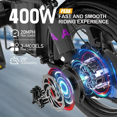 DEEPOWER 400W adult folding mini eBike with brushless motor and 14-inch wheels.