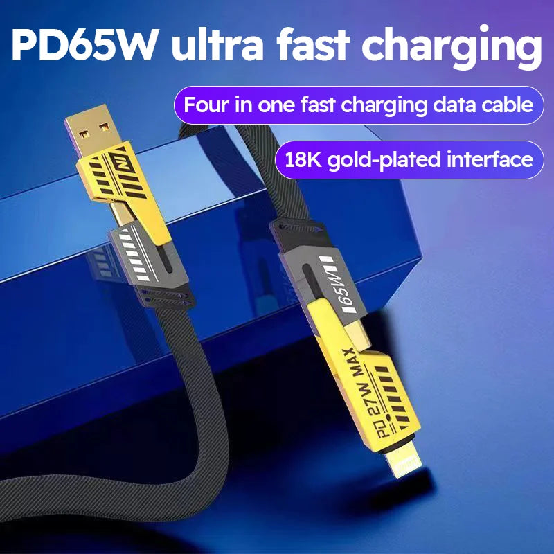 4 in 1 Fast Charging Cable USB A Type C Dual Connector Nylon Braided PD 65W 27W for iPhone/Android/Xiaomi