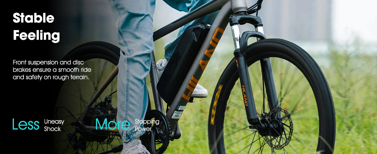 HILAND 26 Inch Electric Mountain Bike 500W, carbon steel frame, with removable battery, shown on grassy terrain.