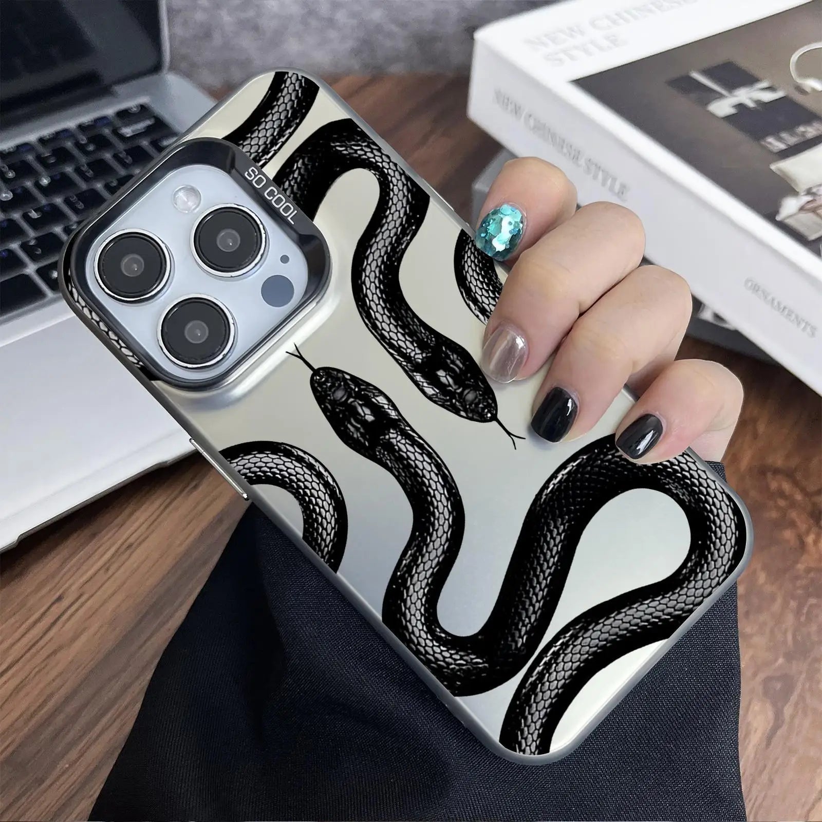 Snake pattern anti-drop phone case for iPhone 12 to 16 Pro.