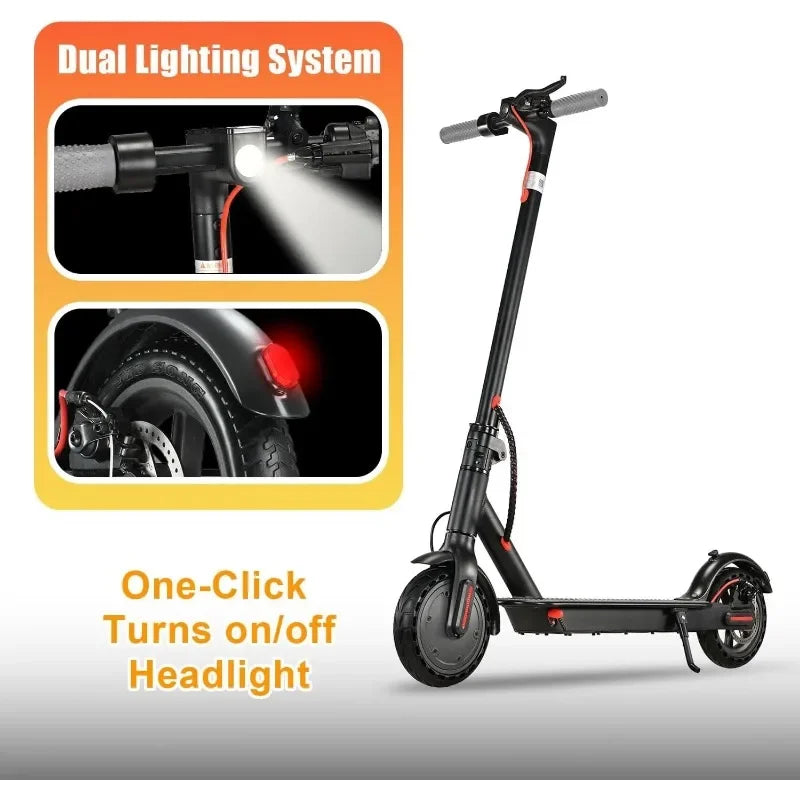 Foldable electric scooter for adults with dual lighting system, 8.5 inch tires, 350W motor, 19MPH top speed, and 21 mile range