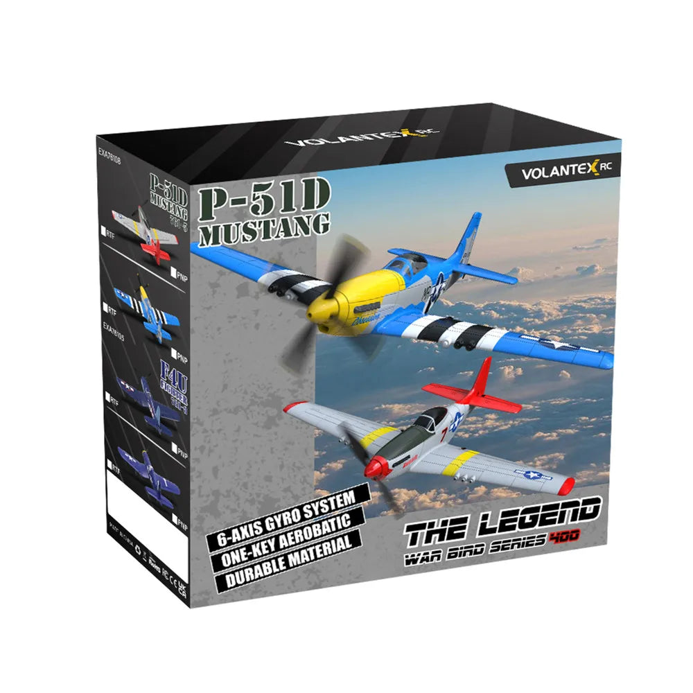 Volantex RC Mini Mustang P-51D V2 airplane with 400mm wingspan in packaging.