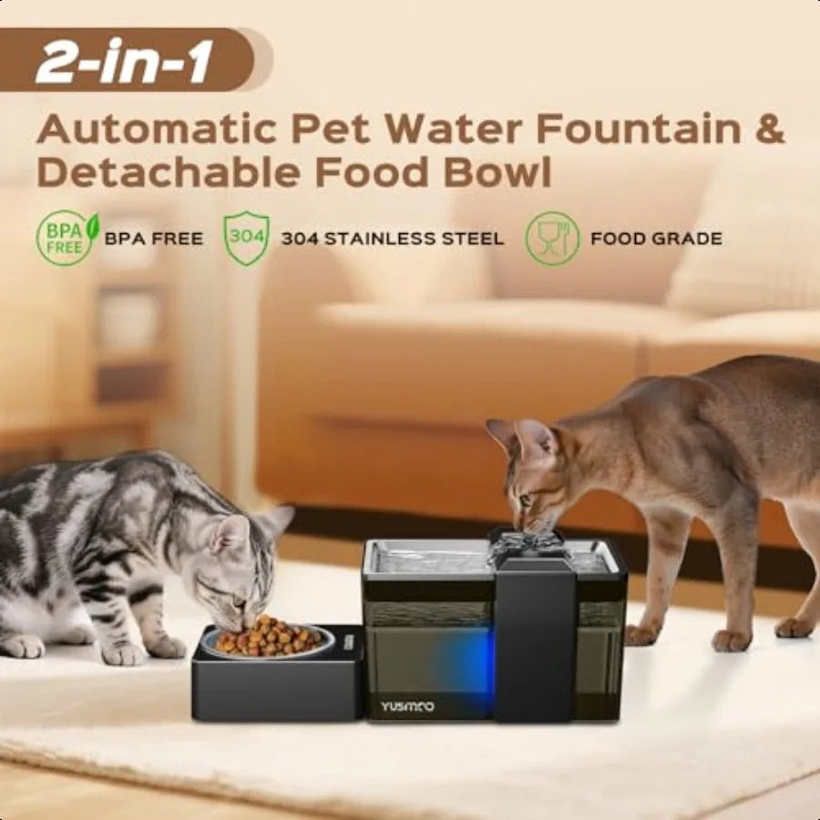 Automatic Cat Water Fountain with Food Bowl 2.2L 74oz 2in1 Pet Fountain 304 Stainl Steel Bowl UltraQuiet LED Indicator BPAFree