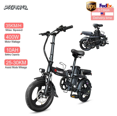 Deepower 400W 48V adult fat tire folding ebike with 14-inch wheels, 30-50km/h max speed, lithium battery, and multifunctional design.