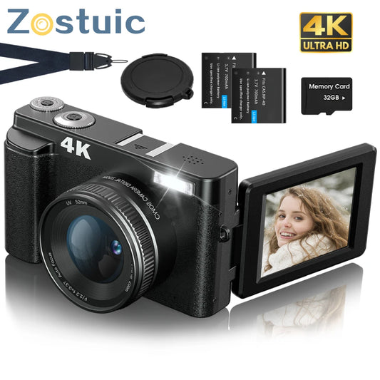 ZOSTUIC 4K Digital Camera with 48MP Autofocus 180° Flip Screen and 16X Zoom for Photography and Vlogging
