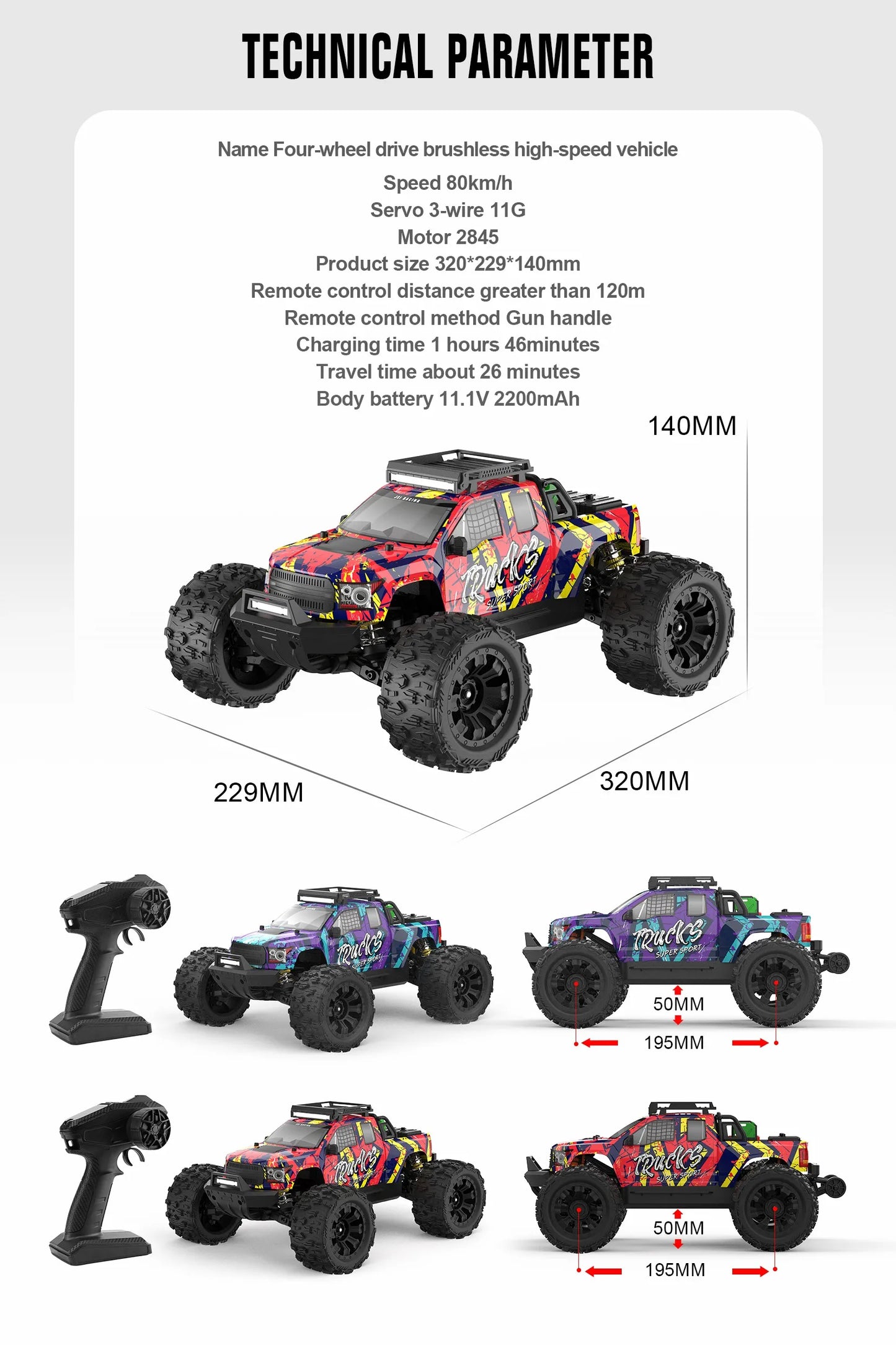 JIUSI MT14R 1/14 RC Racing Car 4WD 80km/h Brushless Motor 2.4G Remote Control 35C High Speed Off-road