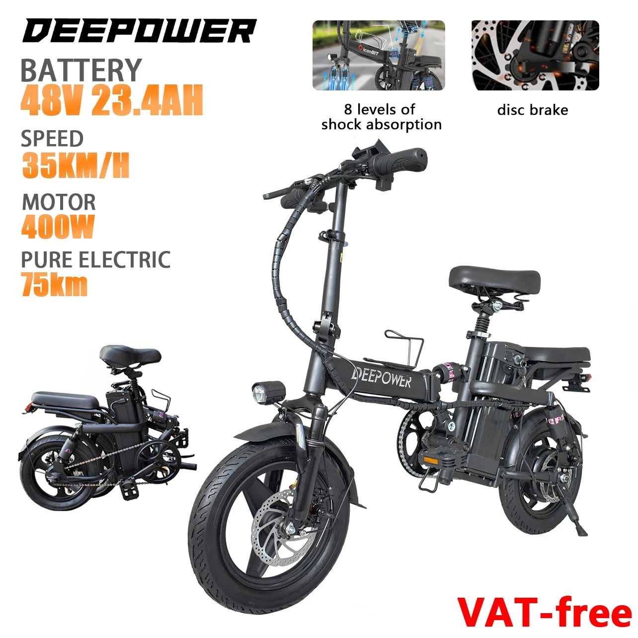 DEEPOWER 400W adult folding mini eBike with 48V battery, brushless motor, and aluminum alloy frame.