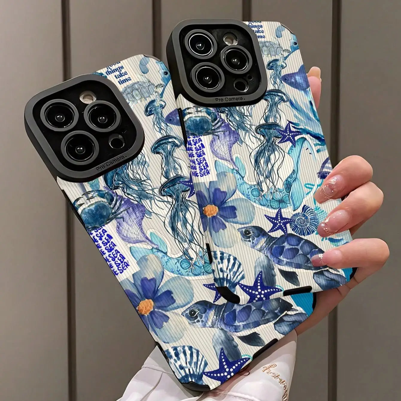 Fashion ocean theme phone case with sea creatures and flowers, compatible with iPhone 16 Pro Max to X/XS, shockproof.
