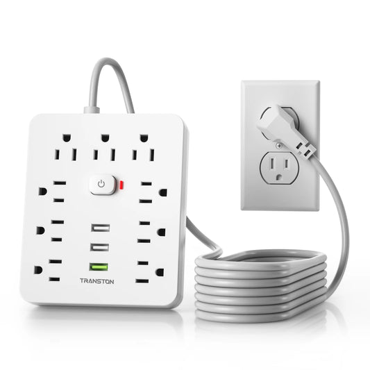 TRANSTON Power Outlet with Surge Protector, 9 power strip   3 USB Ports, 10ft Extension Cord, Quick Charge, For Home and Offic