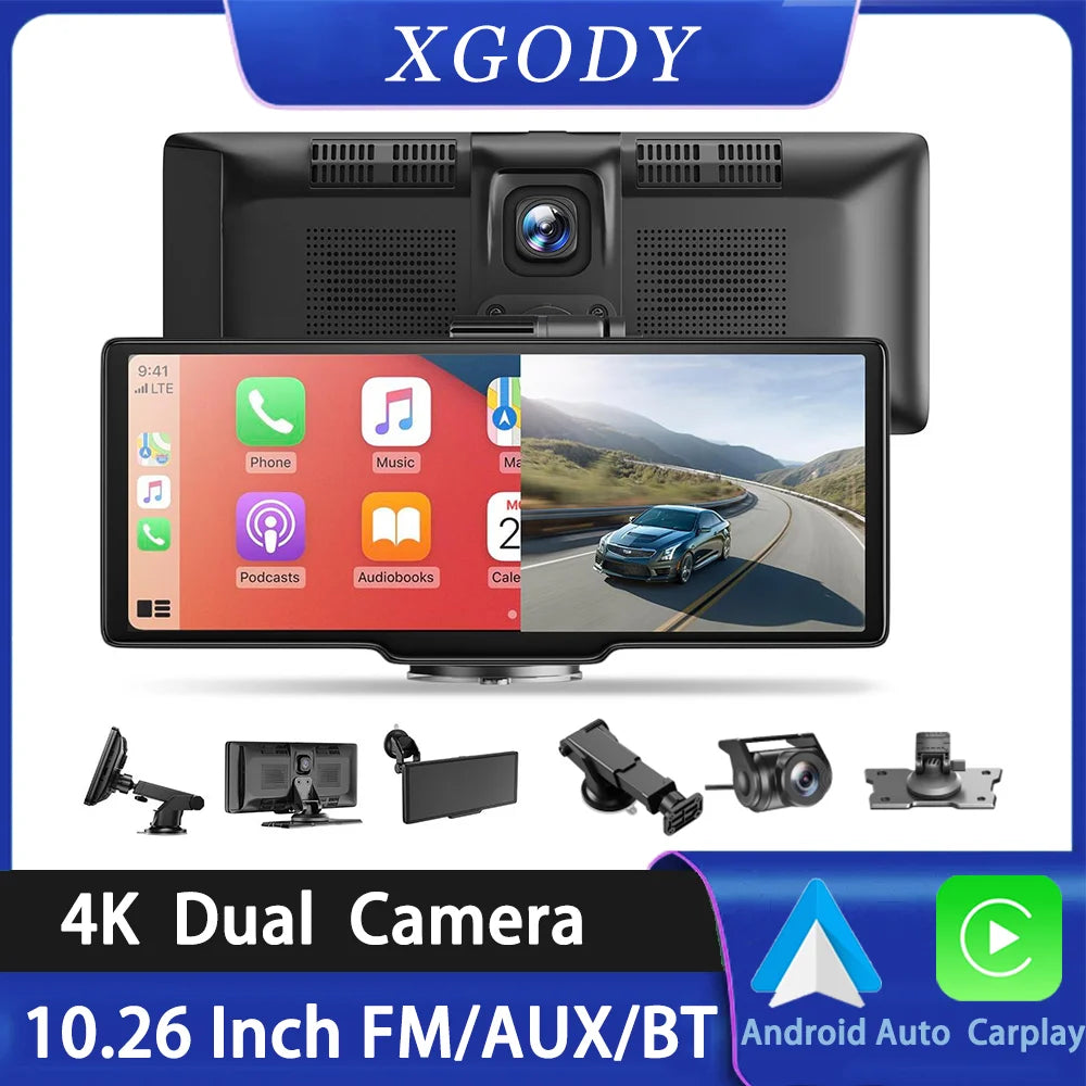 XGODY 10.26" 4K Dash Cam with Wireless Carplay & Android Auto
