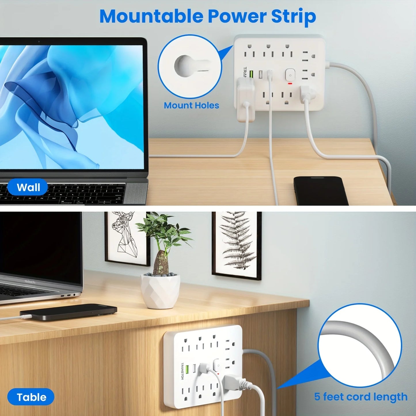 TRANSTON Power Outlet with Surge Protector, 9 power strip   3 USB Ports, 10ft Extension Cord, Quick Charge, For Home and Offic