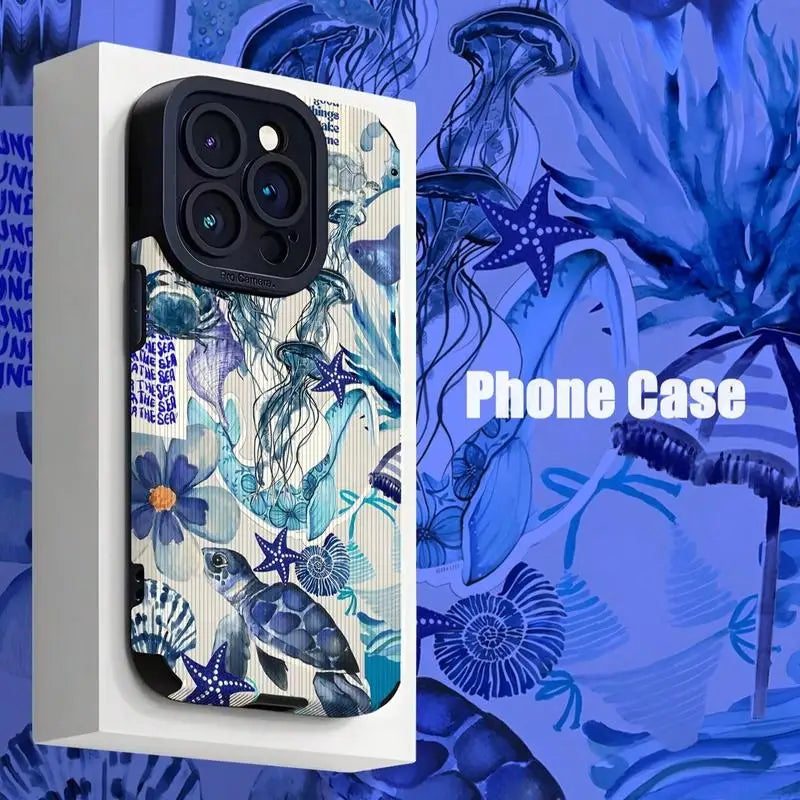 Fashion ocean theme phone case compatible with iPhone 16 Pro Max, featuring aquatic design elements and shockproof protection.
