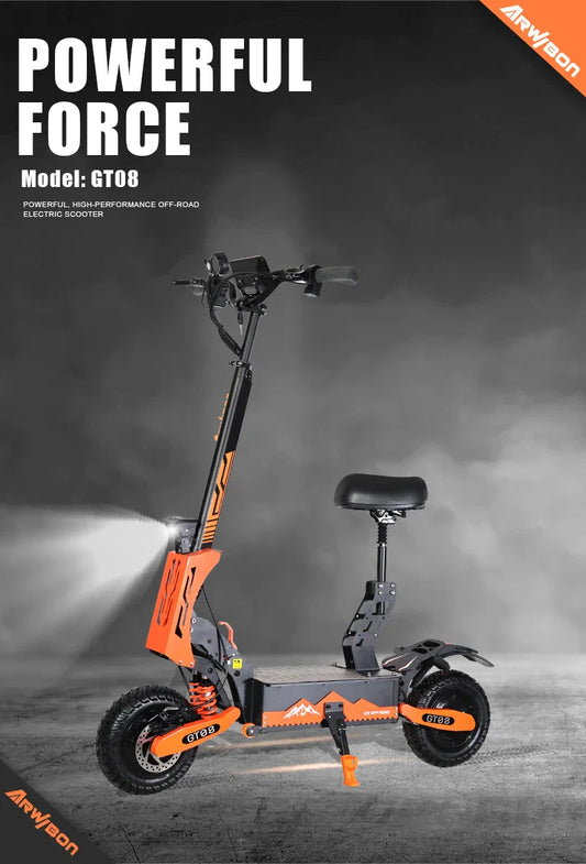Orange adult electric scooter Arwibon GT08 with dual motor, foldable design, seat, and off-road tires.