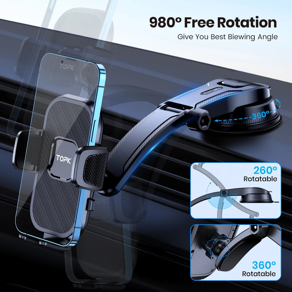 TOPK Universal Car Phone Holder Dashboard Mount 360° Rotatable Anti Slip