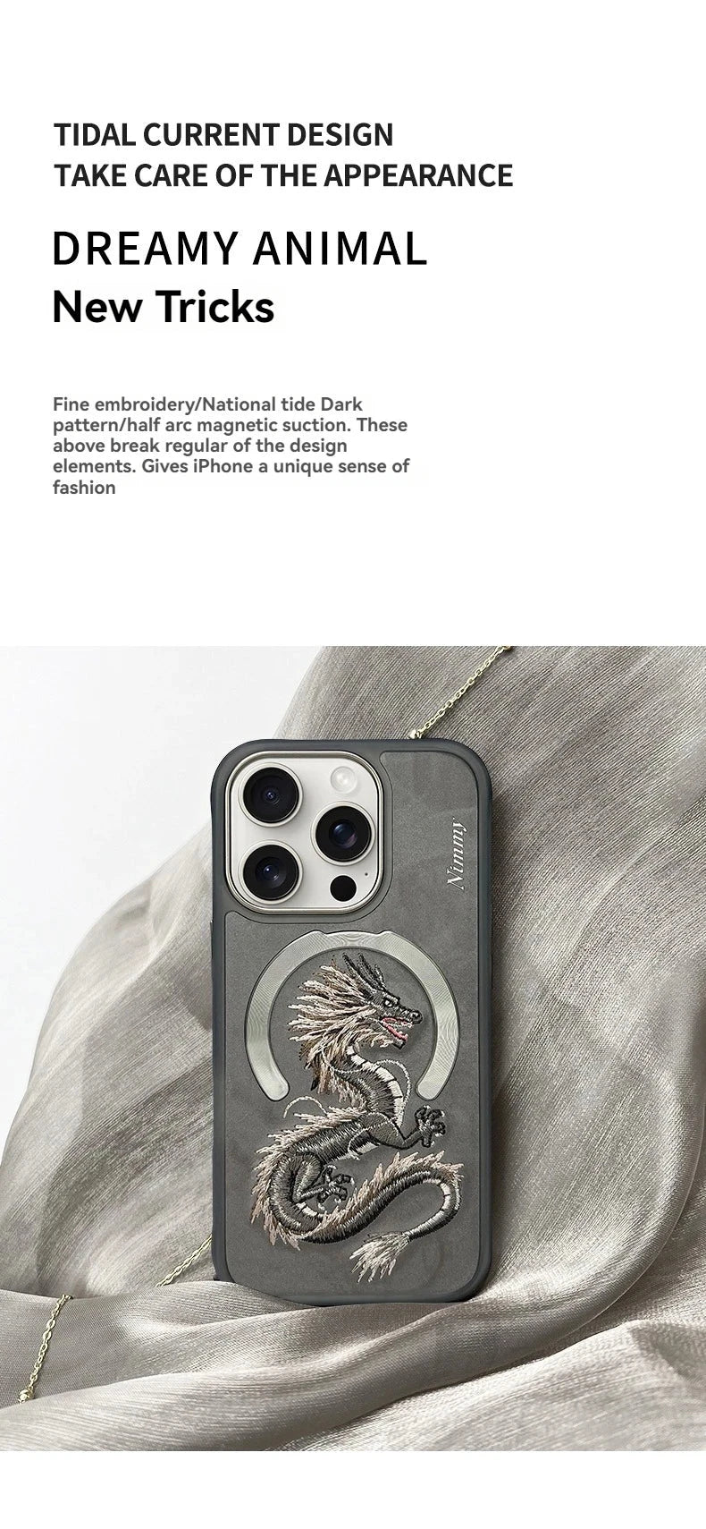 Dragon Phoenix 3D Embroidery iPhone 16 Pro Max Case with MagSafe by NIMMY.