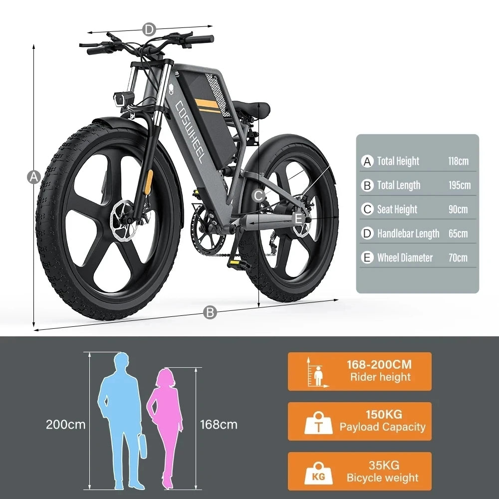 COSWHEEL T26 Electric Bike 1000W Motor 48V 25Ah Battery 26 Inch Fat Tire Mountain E-Bike with Hydraulic Brakes