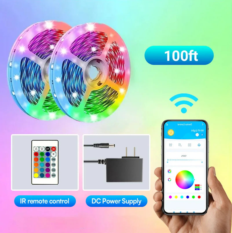 200ft/100ft Indoor Smart WiFi LED Light Strip with App and Remote Control RGB Colors and Built-in Mic
