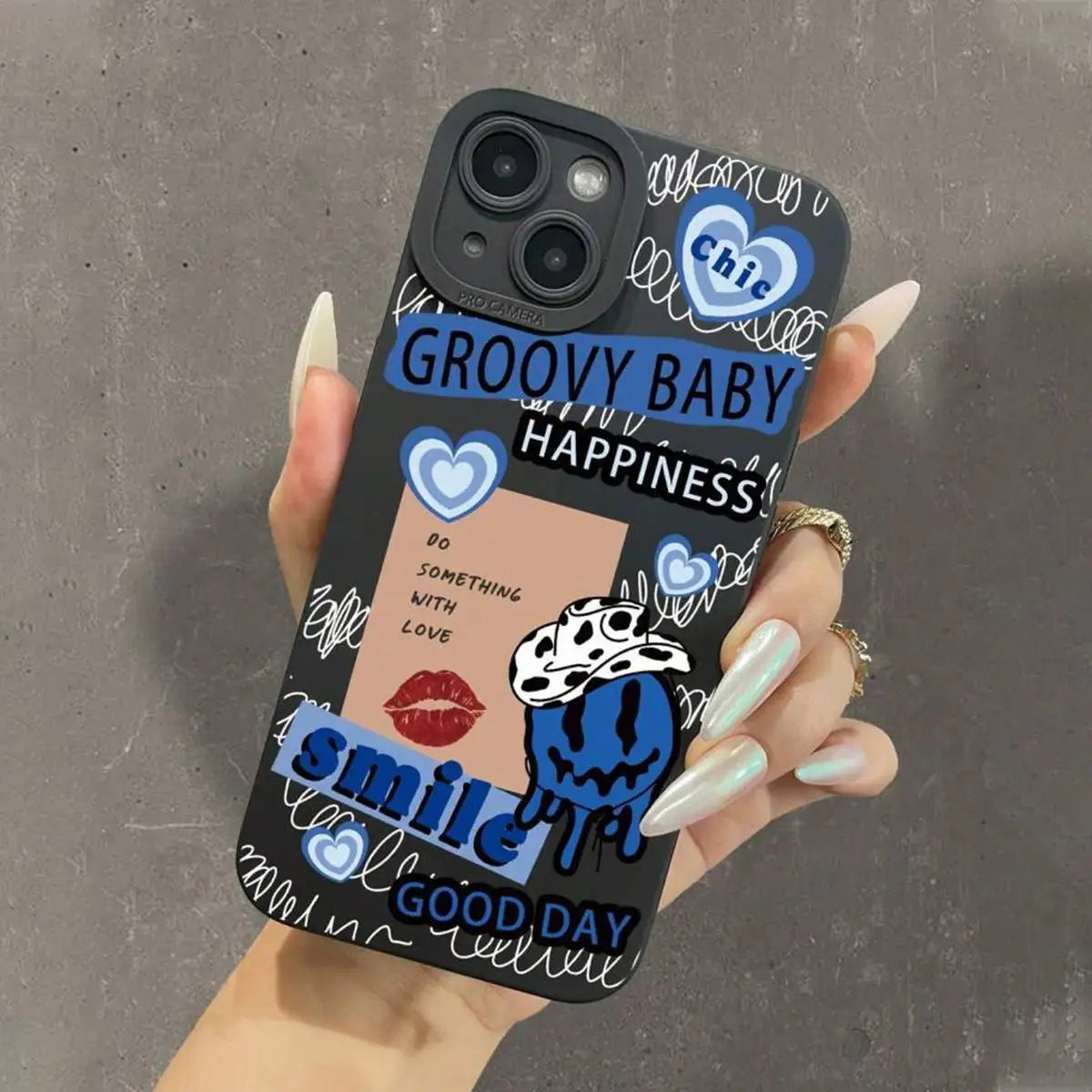 Lips and letter pattern phone case for iPhone 16 Pro Max to 11 featuring playful design elements.