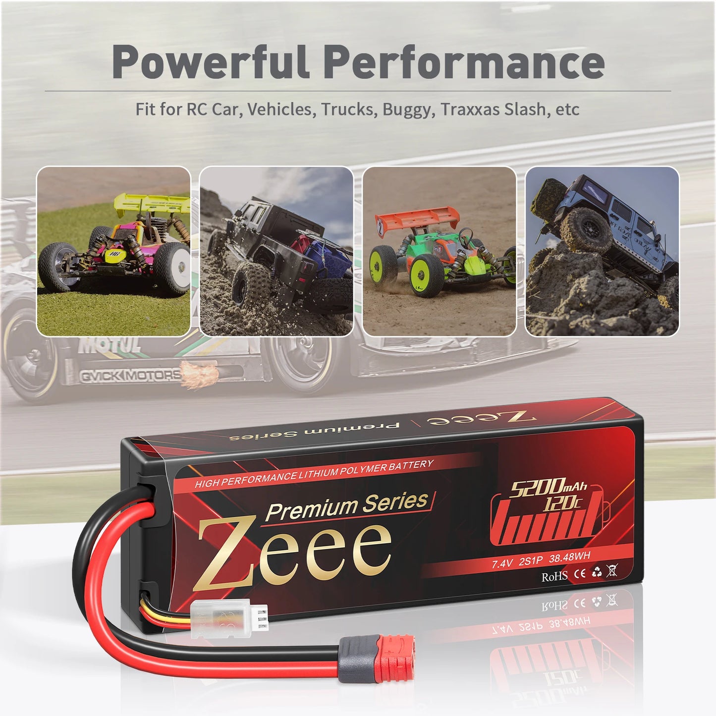 2pcs Zeee 2S Lipo Battery 5200mAh 120C Hardcase with T Plug for RC Car 1/8 1/10 Vehicles Premium Series