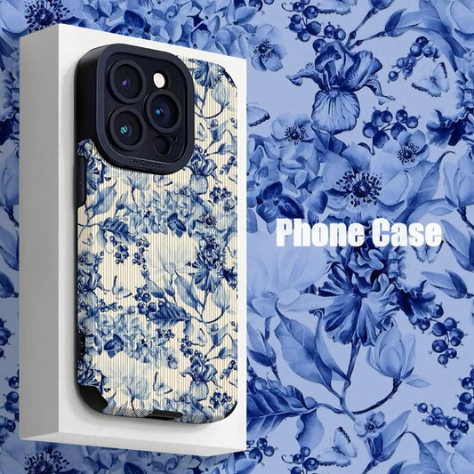 Floral pattern phone case compatible with iPhone 16 Pro Max, showcasing blue floral design on packaging.