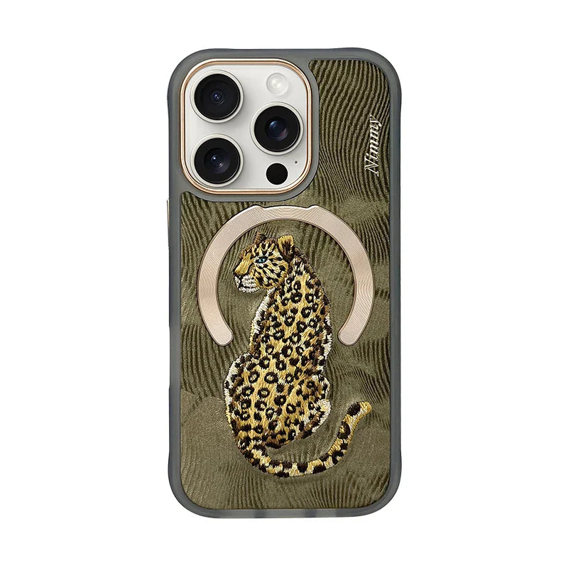 Dragon Phoenix 3D Embroidery Case for iPhone 16 Pro Max with MagSafe, NIMMY, magnetic and anti-fingerprint features.