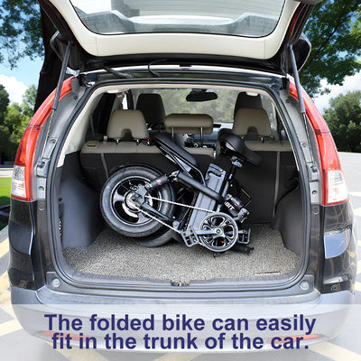 DEEPOWER 400W Adult Folding Mini Ebike fits in car trunk, compact design.