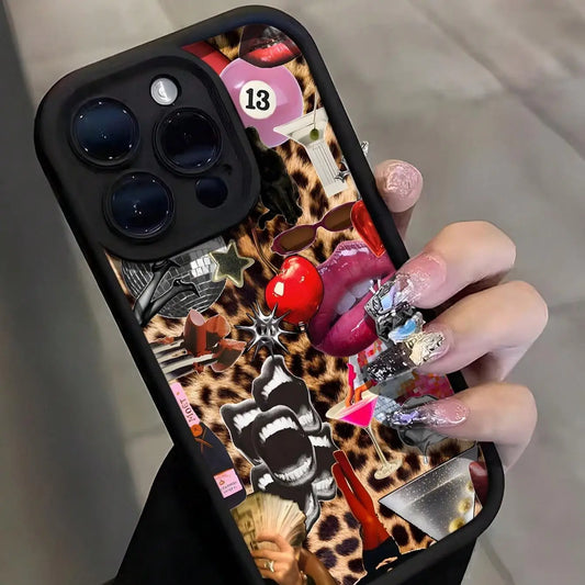 Lips and leopard print phone case for iPhone 16 Pro Max to X/XS.