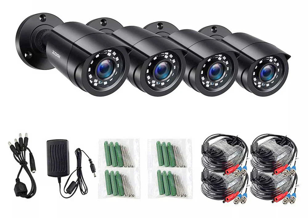 ZOSI 1080P 4 pack HD bullet security cameras with installation kit.