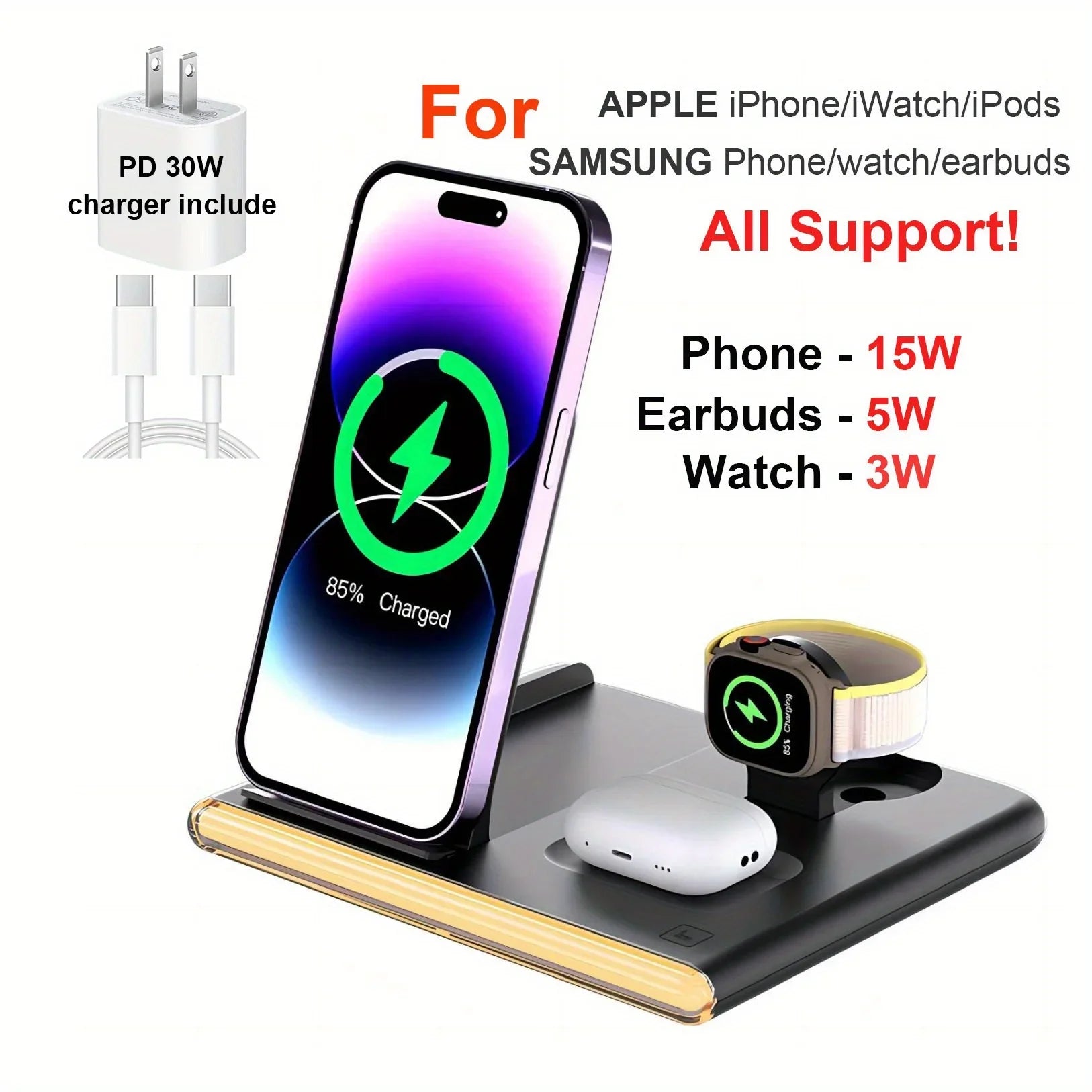 4-in-1 fast charging wireless station for phones, smartwatches, and earphones with LED light and foldable design.